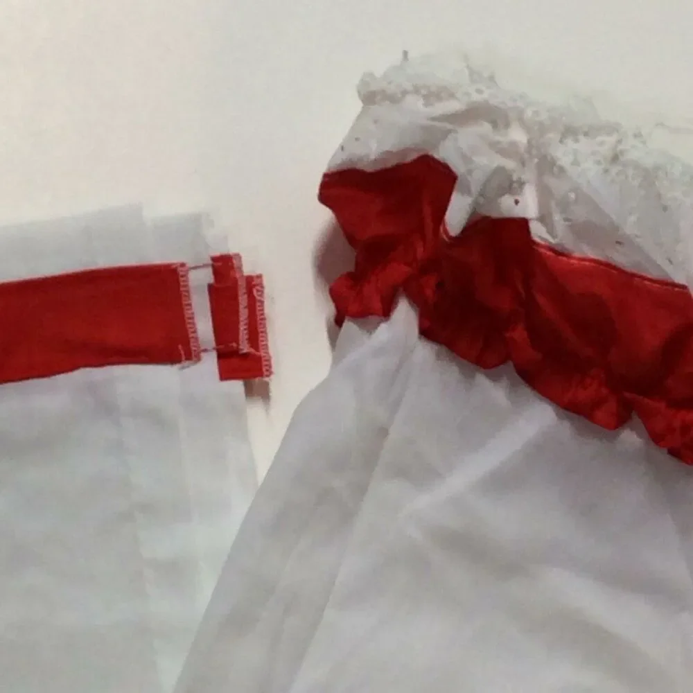 Vintage Curtains White Eyelet Lace Ruffled Red Farmhouse Cafe One Pair 44
